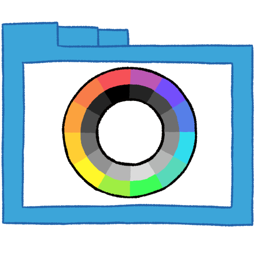 A hollow blue folder with thin lineart. Inside of it is the MOGAI circle, an O-shaped symbol with an outer ring of different colour blocks and an inner ring of different grayscale blocks.